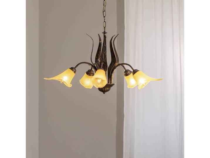 Hängeleuchte Alga, 5-flammig, Eisen, Glas, Florentiner Alga ONLI, dimmbar, bronze / altmessing, für Wohn- / Esszimmer, Metall, Florentiner, Pendelleuchte