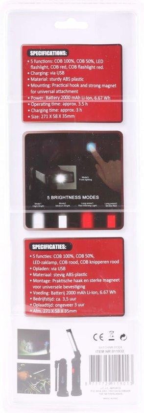Höfftech Germany flexibele LED werklamp met magnetische voet, oplaadbaar via USB, 240 lumen, rood licht, 271 mm