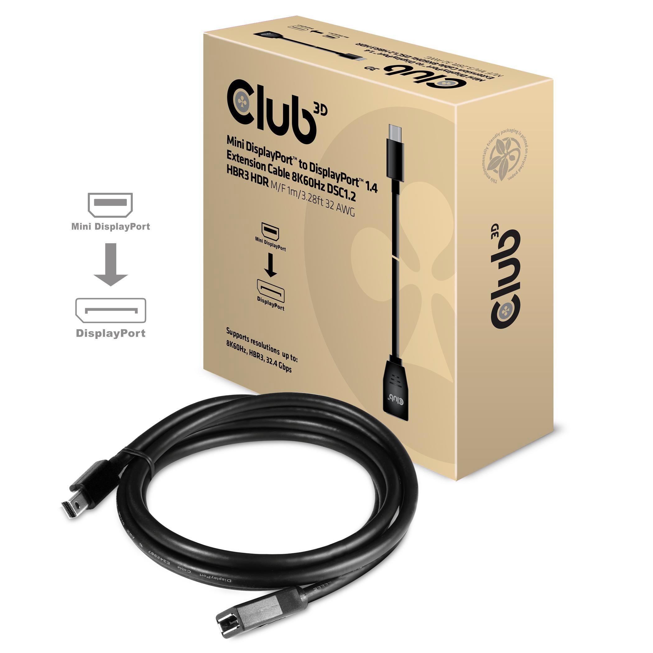 Club 3D CAC-1121 Mini DisplayPort / DisplayPort1.4 Extension Cable 8K60Hz DSC1.2 HBR3 HDR M/F 1m