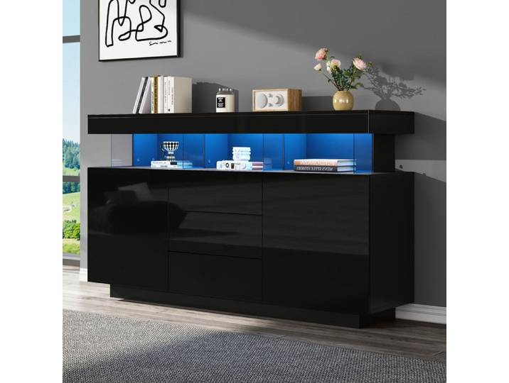 Piaenon - Buffet Brillant 140 x 35 x 80cm avec LED 3 Tiroirs 2 Portes Acryl 50kg Design Moderne Salon/Cuisine - Noir