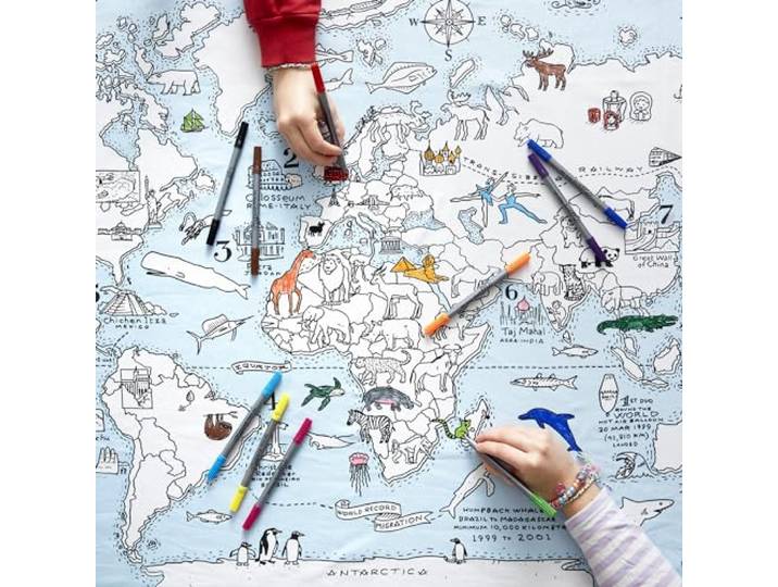 Eatsleepdoodle Herbruikbare Kleurbare Wereldkaart Tafelkleed, Kleur Je Eigen Kaart van de Wereld, Educatieve Aardrijkskunde Leeractiviteit voor Kinderen, Inclusief Uitwasbare Viltstiften (130x85CM)