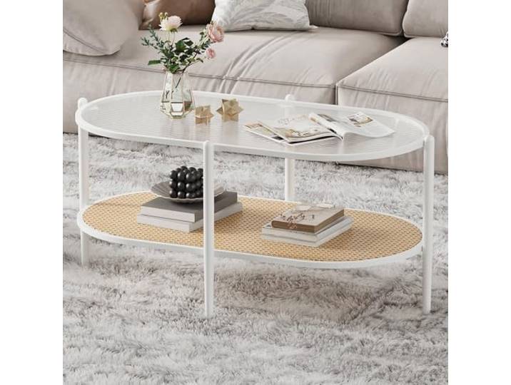 Garvee 3 Ebenen Couchtisch aus Glas, oval Boho Naturrattan Weiß Boho gehärteter Wasserwellen-Glasplatte, Metallrahmen, Wohnzimmer-Teetisch mit Ablage für Büro, Wohnung, Schlafzimmer