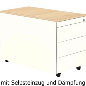 Mauser Rollcontainer line, aus Metall, weiß / ahorn, mit 3 Schubladen & Utensilienauszug, abschließbar