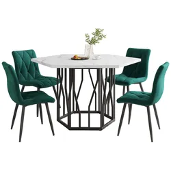 OKWISH Esstisch- und Stuhlset 115,5x100x75 cm moderner sechseckiger Marmor-Esstisch + 4 Stühle aus grünem Samt Schwarz+Weiß