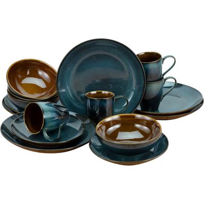 Kombiservice CREATABLE "Geschirr-Set Mallorca", blau (blau, braun), 16 Stk., Steinzeug, Geschirr-Sets, Kombiservice, Service, Töpfereicharakter, 16 Teile, für 4 Personen