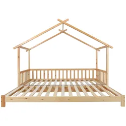 MODFU Hausbett aus massivem Kiefernholz in Natur, ausziehbar, mit 3-seitigem Geländer, Liegefläche 200x90/180 cm