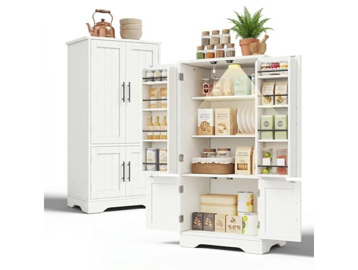 FurnitureR Küchenhochschrank, hoher Küchenschrank 60 x 40 x 120 cm, Weiß, MDF Vorratsschrank mit 4 Türen, LED-Türlicht, für Küche, Vorratsraum und Essbereich, mit Kippschutz zur Wandbefestigung