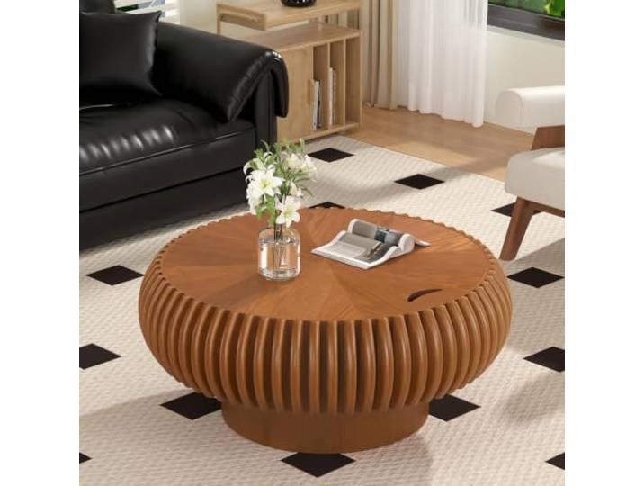 LOVEHOUGES Moderner runder Couchtisch mit gerilltem Korpus Runder Couchtisch, handgefertigtes Relief-Furnier, stabiler Standfuß, einfache Montage, ideal für kleine Wohnzimmer