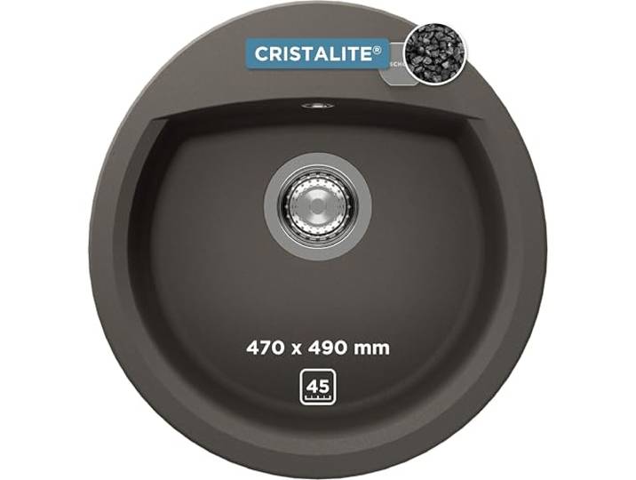 SCHOCK Küchenspüle Manhattan R-100 in Asphalt I runde Granitspüle für 45 cm Unterschrank I kratzfestes pflegeleichtes Cristalite I tiefes Becken für mehr Komfort I Design Spüle mit Excenterbedienung