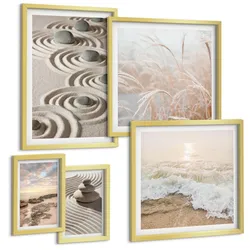 BILDER SET 5er Set - 50x50 cm & 20x30 cm & 40x60 cm Goldrahmen - Blumen im Wasser des Buddha-Wasserfalls