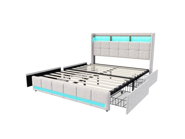 Shopentra Polsterbett 140x190cm Beige led, Metall, Schlafzimmer, Betten, Polsterbetten