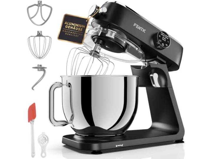 Fentic Küchenmaschine 1800W, 7L Edelstahl-Rührschüssel, Knetmaschine für Brotteig & Pizzateig, Planetenrührwerk, 10 Stufen mit Timer, Knethaken, Rührbesen, Schneebesen & Spritzschutz