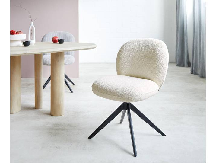 DELIFE Drehstuhl Nube-Flex Bouclé Weiß Kreuzgestell breit Schwarz 360° drehbar Taschenfederkern