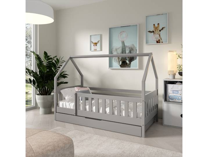 Kinderbett BELLA 80x160 Grau mit Stauraum, Bodenbett mit Rausfallschutz & Lattenrost