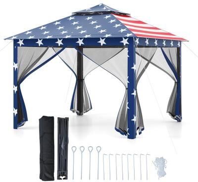 Costway 11 x 11 Feet 2-Tier Pop-Up Gazebo Tent Portable Canopy Shelter Carry Bag Mesh-Blue