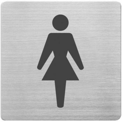 Hinweisschild „WC Damen“, quadratisch, inkl. Selbstklebepad, L 90 x B 90 mm, Edelstahl gebürstet, silber-schwarz