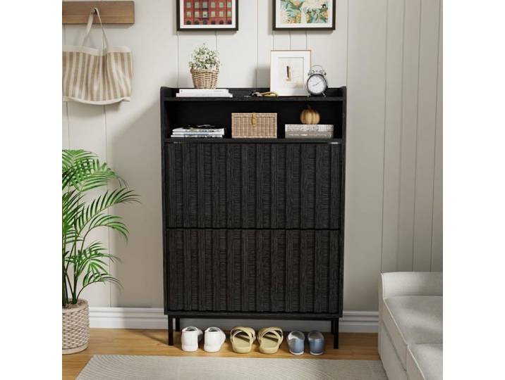GOOBUY Armoire à Chaussures Meuble à Chaussures Inclinable 3 Compartiments Étagères Réglable 80 x 24 x 117cm Noir