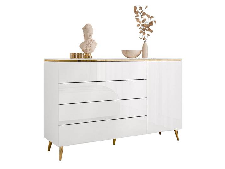 KOMMODE AURORA 4S1D Weiß / Weiß hochglanz mit schräge Goldchrom Fuße