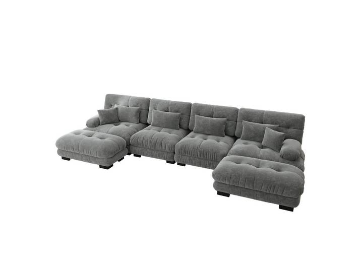Wishdor Wohnlandschaft Chenille Grau mit Ottomane, Rechteckig, 406x81x145 cm, Wohnzimmer, Sofas & Couches, Wohnlandschaften, Wohnlandschaften in U-Form