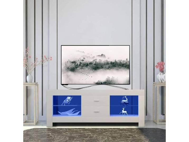 Dripex Meuble TV avec lumières LED Unité TV Unité de divertissement à façade brillantes blanches Blanc 130cm