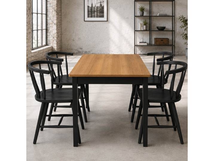 Essgruppe Industrial mit 4 schwarzen Windsor-Stühlen