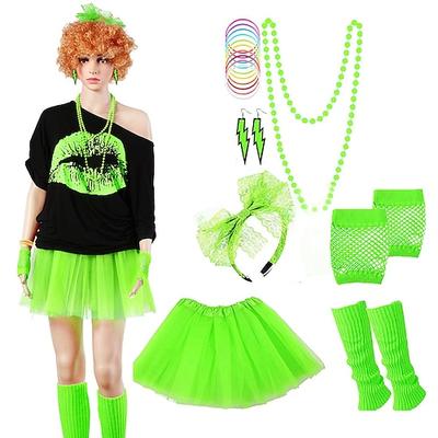 Damen 80er Kostüme Outfit 1980er T-Shirts Accessoires Set T-Shirt Tutu Rock Ohrringe Halskette Armbänder Netzhandschuhe Stulpen Stirnband 8-tlg Schlager Outfit