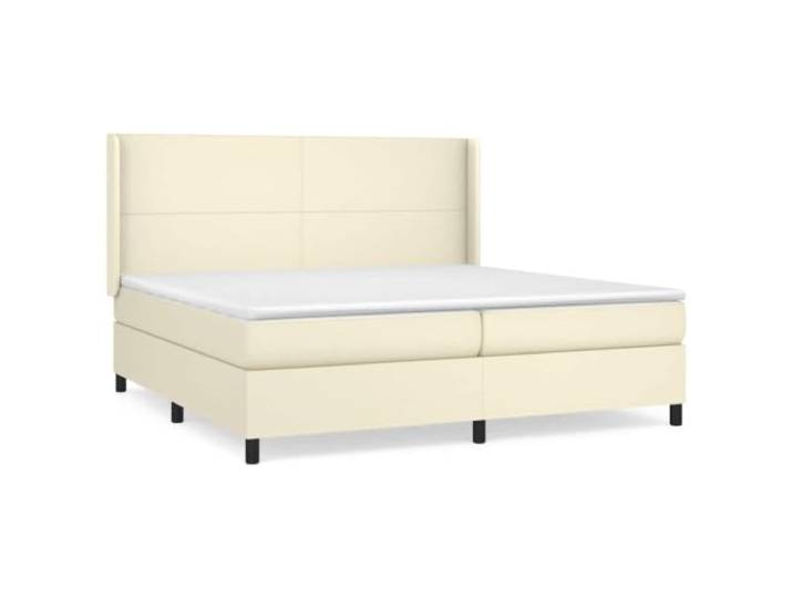 PUGYNBK Boxspringbett mit Matratze, Kunstleder, cremefarben, 200 x 200 cm Verstellbares Kopfteil, Taschenfedern, mittlere Härte, einfache Reinigung, inklusive Anleitung (evtl. nicht in deutscher