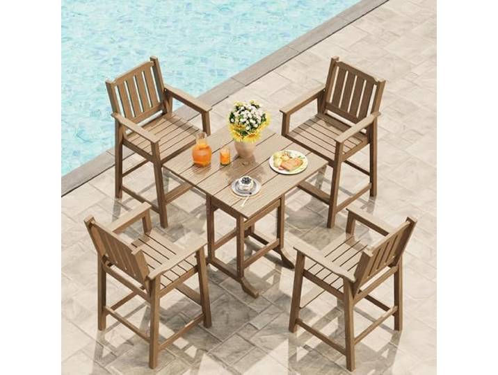 GarveeLife Barhocker 4er-Set HDPE Holzoptik 70 cm Rückenlehne Braun Holzoptik, Armlehnen, Fußstütze, wetterfest, für Balkon & Terrasse