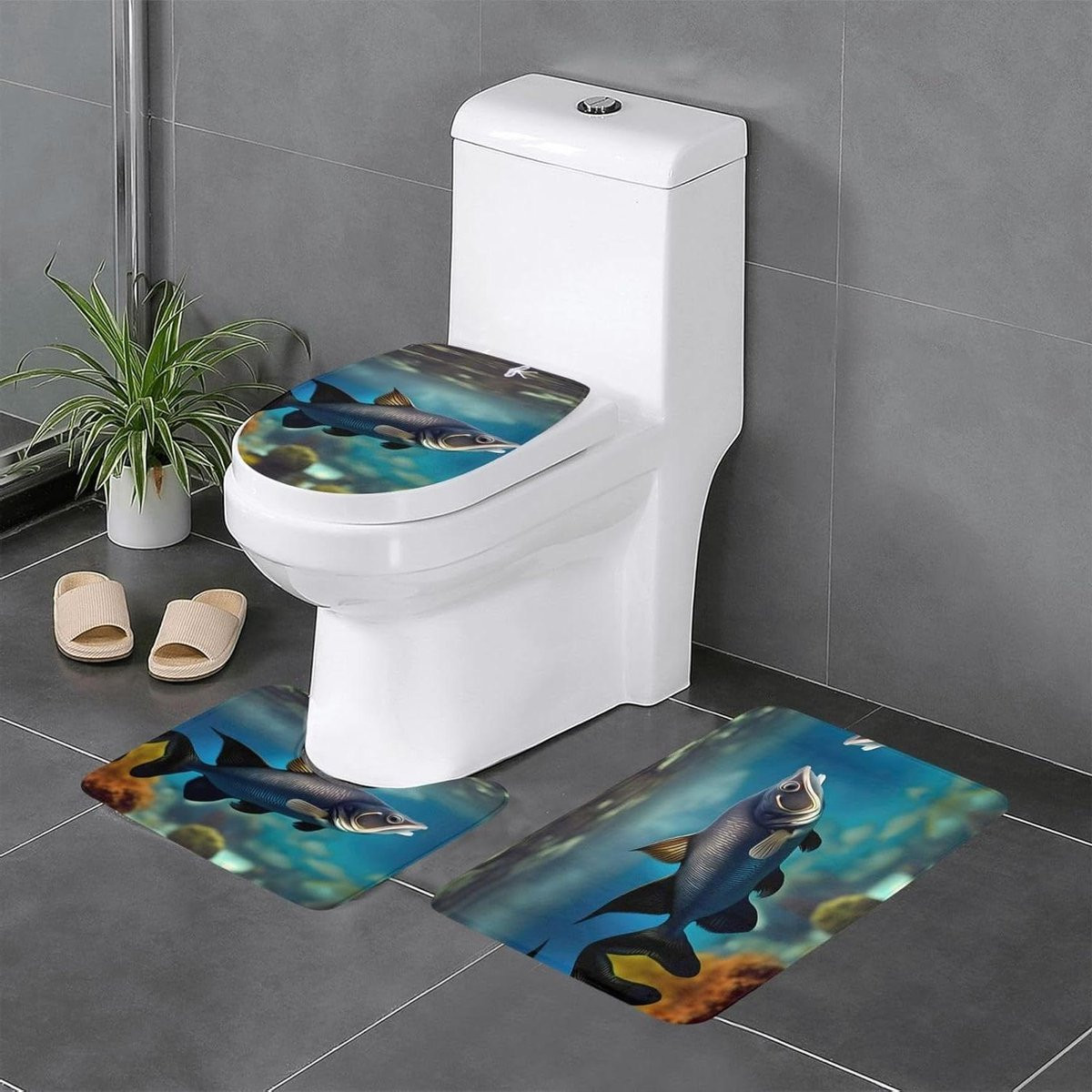 3-delige waterabsorberende badkamermat set met visprint voor toilet en badkamer