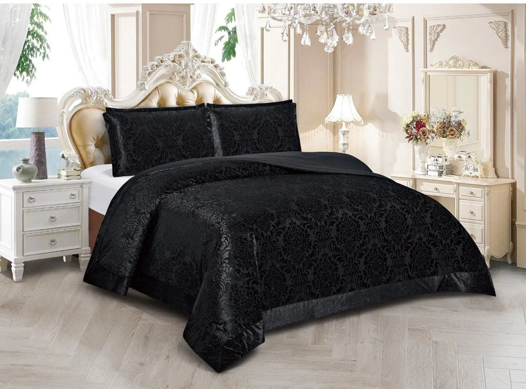 Stylish Home Floral Bedspread with Pillow Shams Black Double Bedspread + 3 Standard Shams