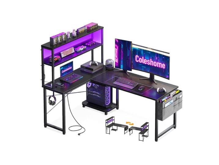 Bureau Gaming Angle avec LED et Prises 135 × 100 cm Bureau Gaming Réversible avec Étagères Table en L avec Sac de Rangement Noir
