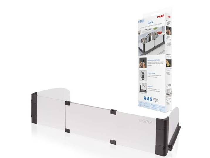 reer BASIC Herdschutzgitter ausziehbar von 55 - 61 cm Herdsicherung ohne Bohren Herdgitter aus wärmeisolierendem Material Kinder Herdschutz Kindersicherung für Ceranfeld & Induktion