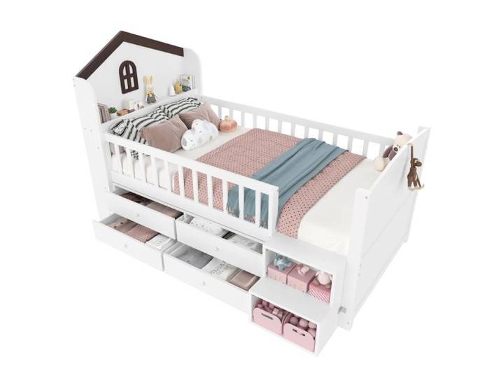 Lit enfant mi-hauteur - Modèle Maison - 90×200 cm - 4 tiroirs - Éclairage LED
