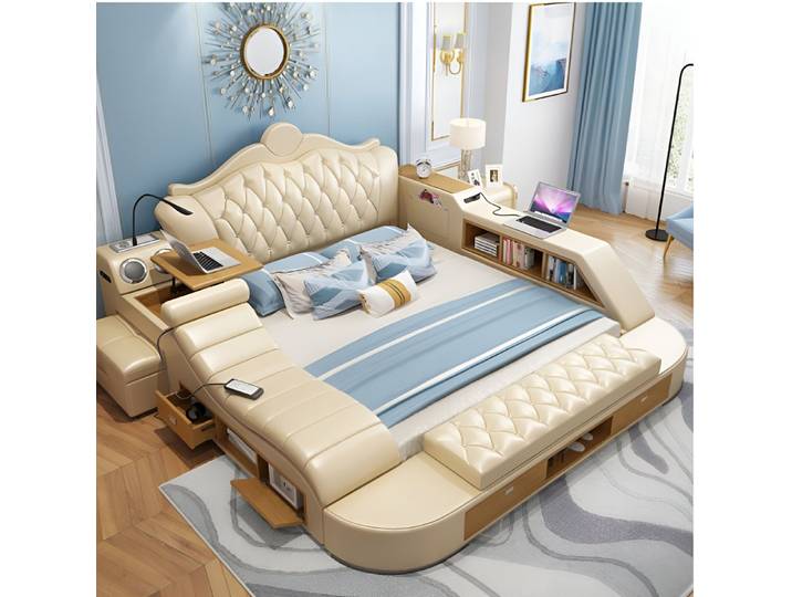 Xlmoebel Multimediabett Luxuriöses Polsterbett im Chesterfield-Design mit Lederbezug (Multimediabett, Multifunktions Bett), Hergestellt in Europa