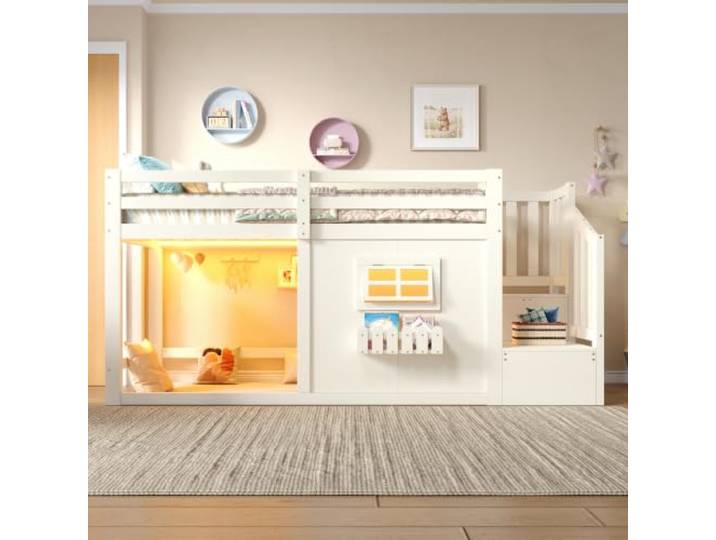 DUlVBPE Hochbett, 90 x 200 cm, Kiefernholz, Fenster, Aufbewahrungsleiter, LED-Lichtleiste, Ohne Matratze, Weiß