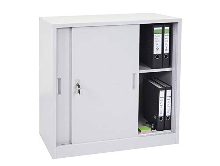 Mendler Aktenschrank Boston HWC-F41 Schiebetüren 90x90x45cm - grau Stahlschrank, Büroschrank, mit abschließbaren