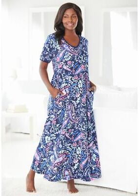 Plus Size Women's V-Neck Short Sleeve Maxi T-Shirt Lounger by Dreams & Co. in Navy Paisley (Size S)