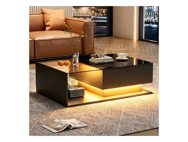 Table Basse HOMPANY Noire Brillante 100x50x32 Cm Plateau Verre 1 Tiroir Éclairage LED Résistant aux Rayures Style Moderne