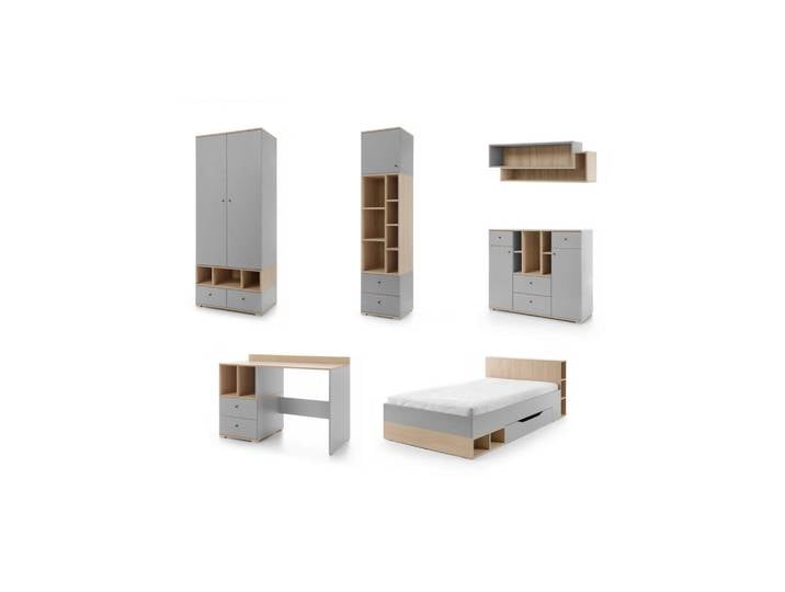 Deine Möbel 24 Jugendzimmer-Set Olaf 6-teilig in Platin Grau / Biskuit Eiche, Grau, Eichefarben, 489x195x224 cm, Babymöbel & Kindermöbel, Kinderzimmer & Jugendzimmer, komplette Jugendzimmer