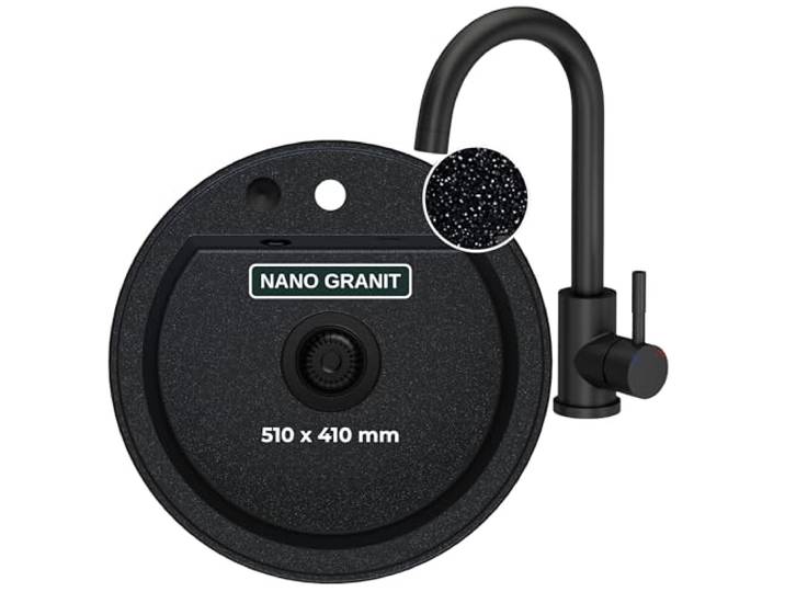SINK QUALITY Spülbecken Rund mit armatur Ø 51 cm - Granitspüle schwarz mit weißen Flecken mit Wasserhahn, Siphon Schwarz und Imprägniermittel - Küchenspüle Rund für Unterschränke ab 55cm