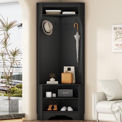 toswini Minimalist Corner Hall Tree with Shoe Bench and 4 Hooks for Entryway