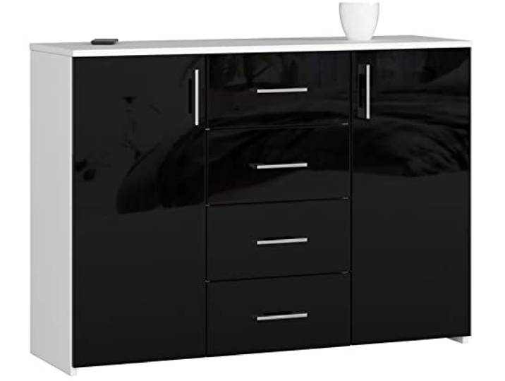 BDW Hochglanz Kommode mit 4 Schubladen und 2 Türen für Schlafzimmer, Wohnzimmer, Flur, Büro - Modernes Design - Aufbewahrungsmöbel - Geräumige Kommode - 110 x 80 x 35 cm - Weiß-Schwarz