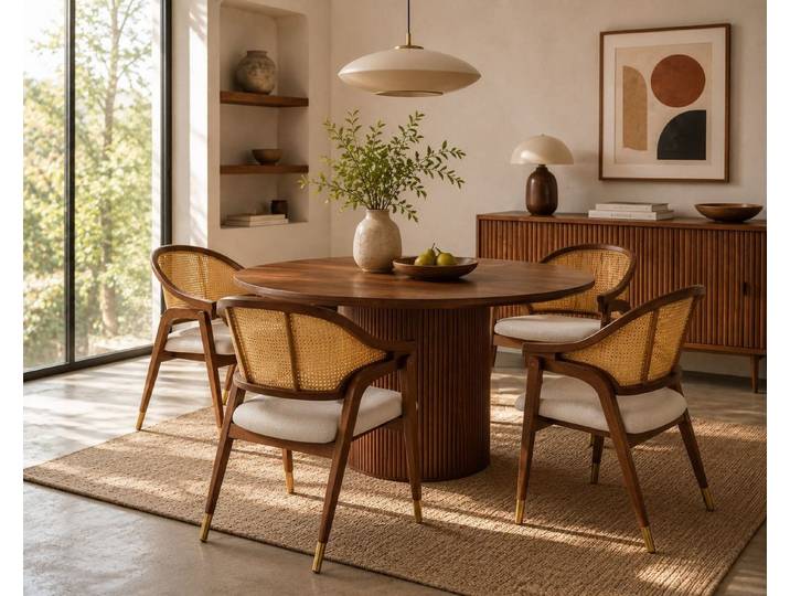 Vintagehaus Armlehnstuhl Esszimmerstuhl Aureo Mid-Century Massivholz Rattan