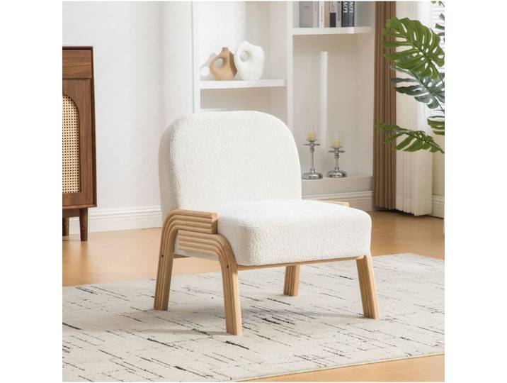 Fauteuil lounge scandinave en chenille blanc ivoire structure en bois massif sans accoudoirs
