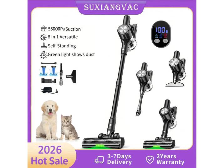 Aspirateur sans fil, 55Kpa/55min, autoportant, puissant, léger, pour la maison, les poils d'animaux, les sols durs, les tapis