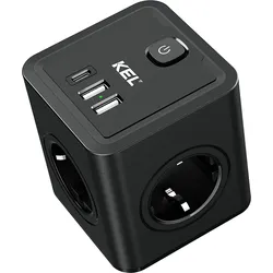 Steckdosenadapter mit 4x 230V Schuko Steckdosen 2x USB-A 1x USB-C Schwarz W-00359