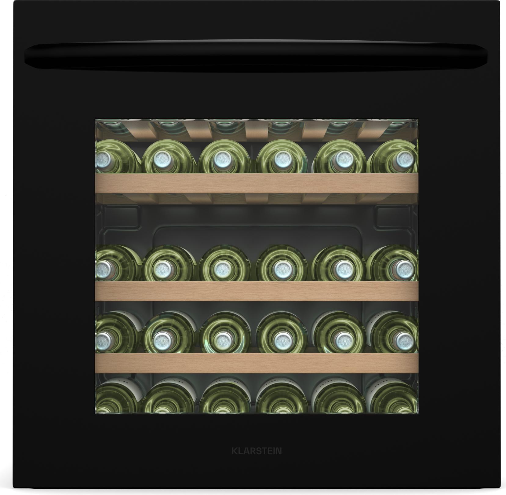 Klarstein Vinsider 30 Built-In Uno Einbau-Weinkühlschrank - 30 Flaschen, 1 Zone, 5-20 °C, LED-Beleuchtung, UV-Schutz, Holzregale, Leise, Energieeffizient, Schwarz, Glastür
