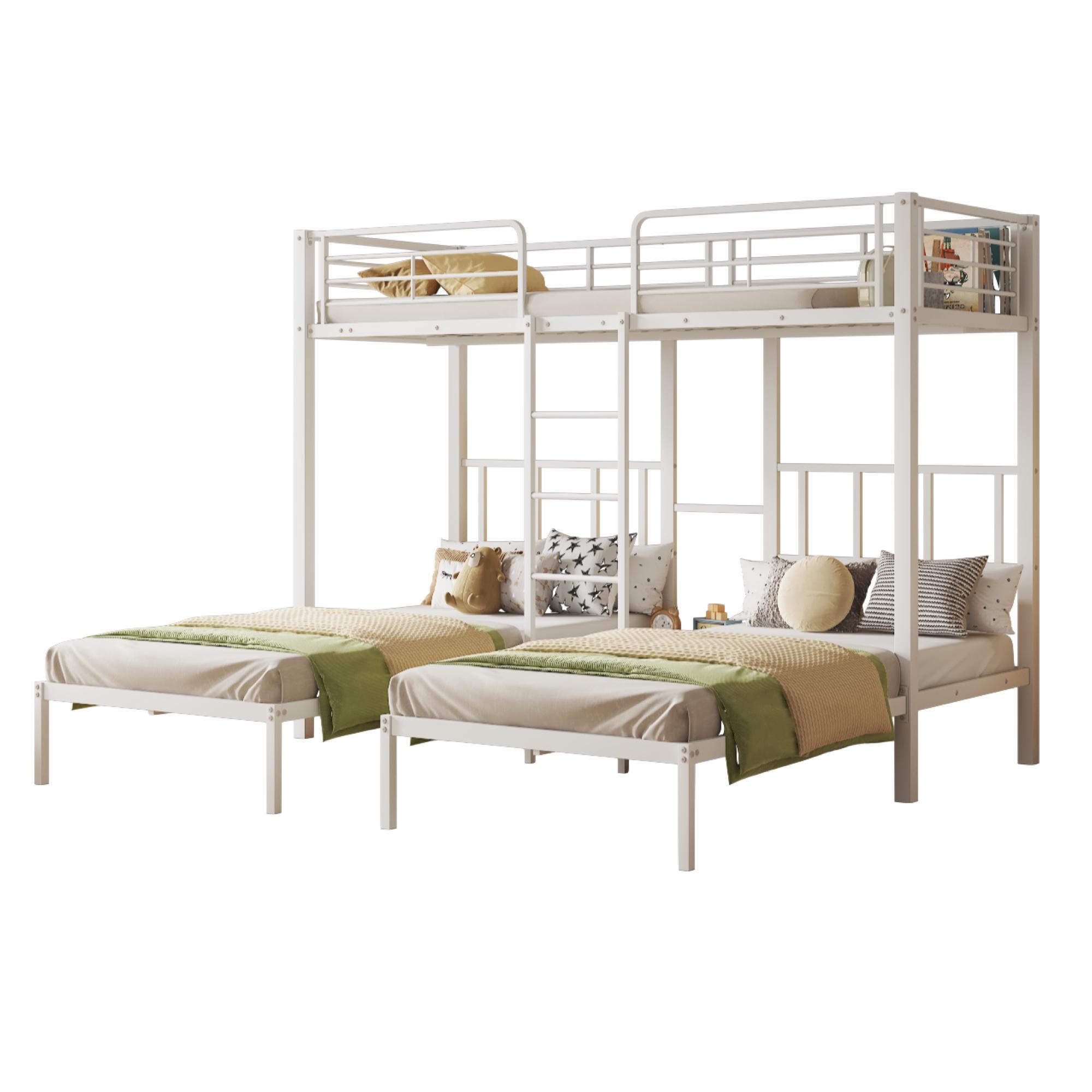 Etagenbett mit 3 Schlafgelegenheiten, Lattenrost, Leiter und Nachttisch, 90x200 cm, Metallbett mit Rausfallschutz