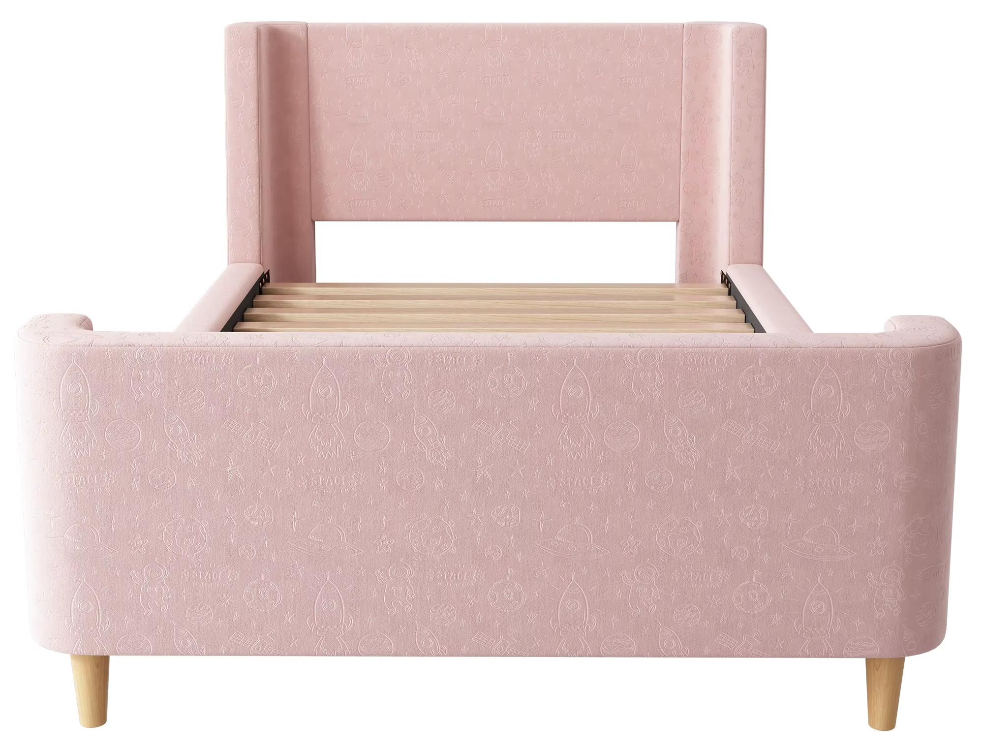 Kinderbett - Einzelbett - 90 x 200 cm - Weicher Samtbezug - Holzrahmen - Mit Kopfteil - Ohne Matratze - Rosa