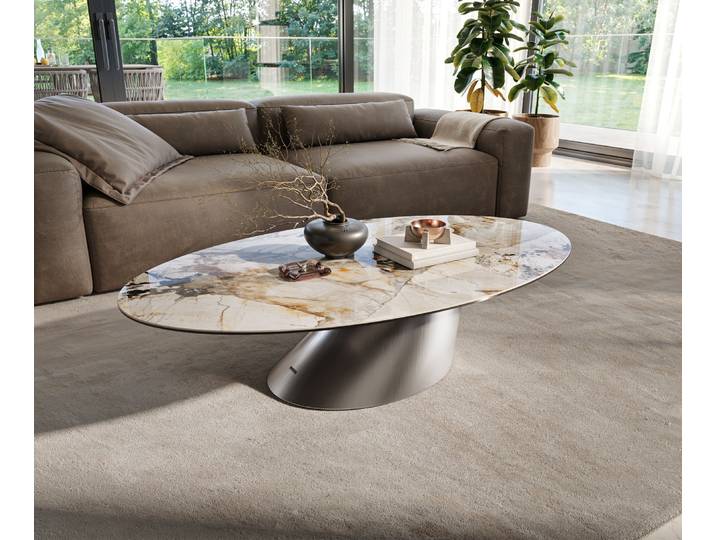 DELIFE Couchtisch Edge Oval 135x80 cm Keramik Patagonia Poliert Conis Edelstahl gebürstet, Couchtische